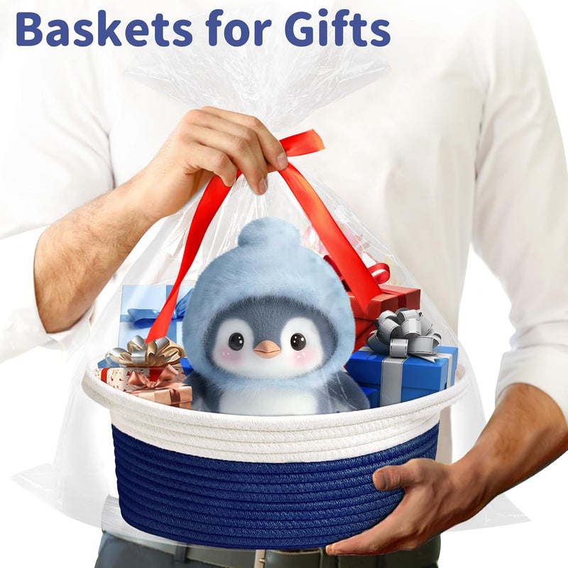 Yeeeasy Small Woven Basket with Gift Bags and Ribbons Cute Baskets for Gifts Empty 12"x8"x5" Small Rope Toy Basket for Babies Baskets for Storage, White & Navy Blue - Image 2